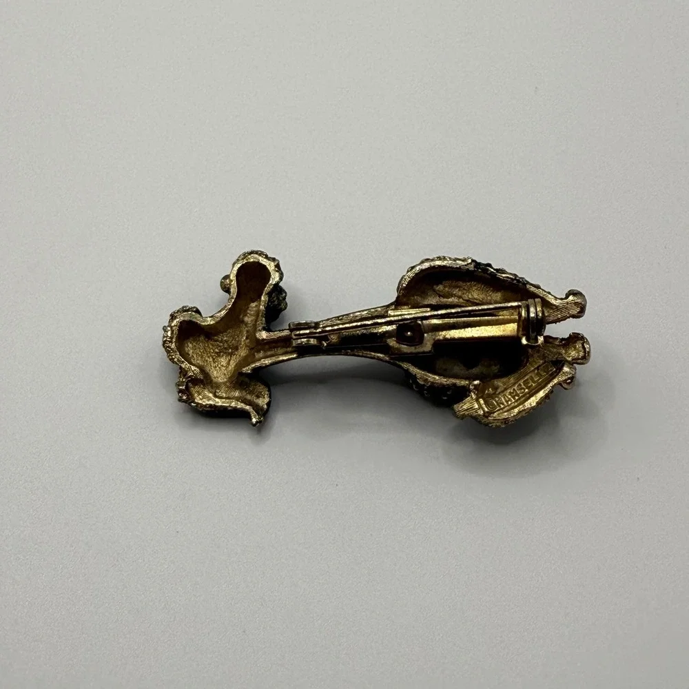 Mamselle Vintage Black Textured Poodle Brooch Gold Tone Red Rhinestone Eye Pin
